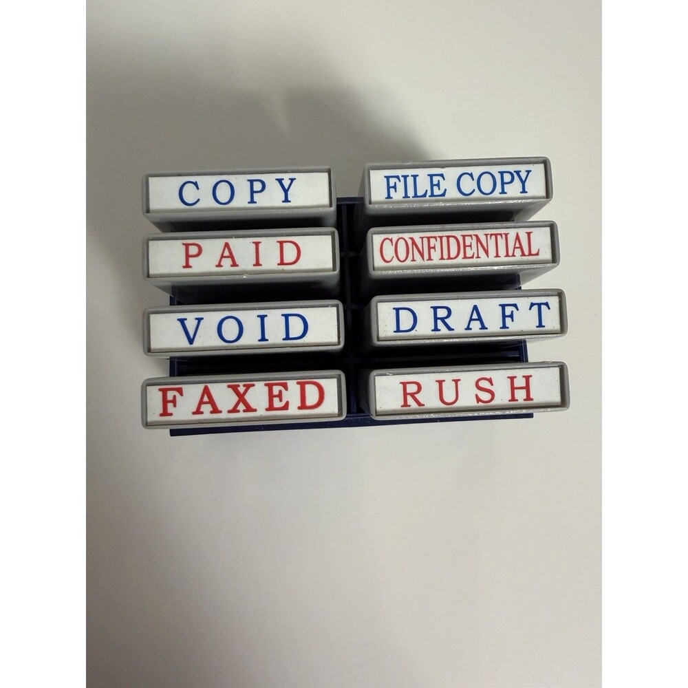 OfficeMax Mini Message Stamp Set - 8 Pre-Inked Stamps with Open Desktop Tray